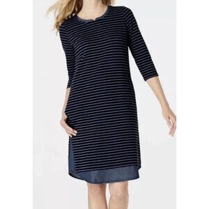 J. JIll Notched Neck Striped 3/4 Sleeve Casual Denim Lined Sheath Dress Sz Mediu